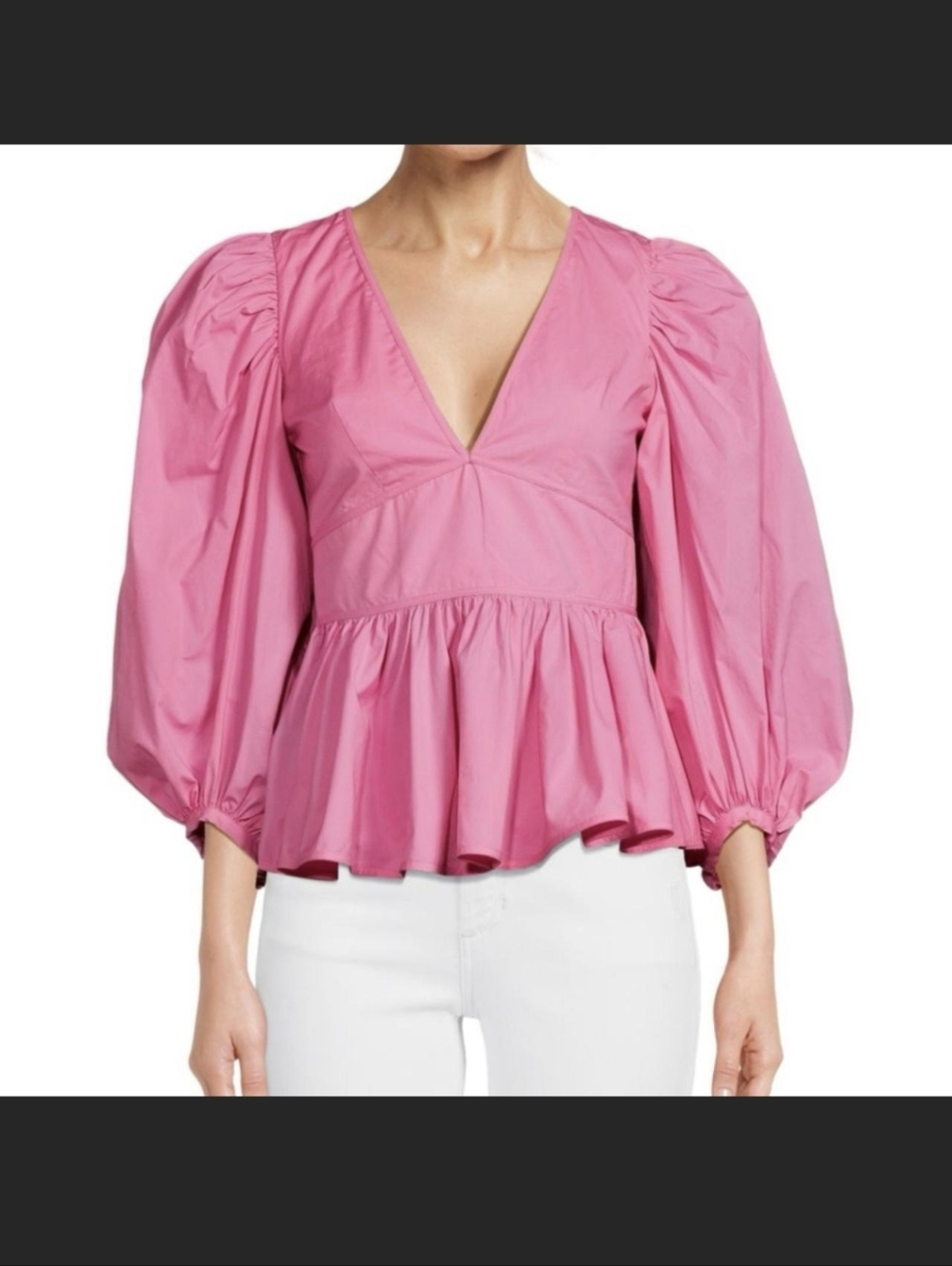 STAUD Pink V-Neck Peplum Blouse with Puff Sleeves